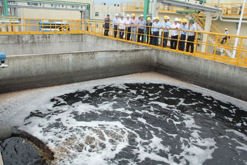  Đoàn công tác của bộ trưởng bộ Tài nguyên Môi trường Trần Hồng Hà khảo sát trực tiếp nơi xử lý nước thải của Formosa hôm 28.4 (Ảnh: Văn Định - Tuổi Trẻ)